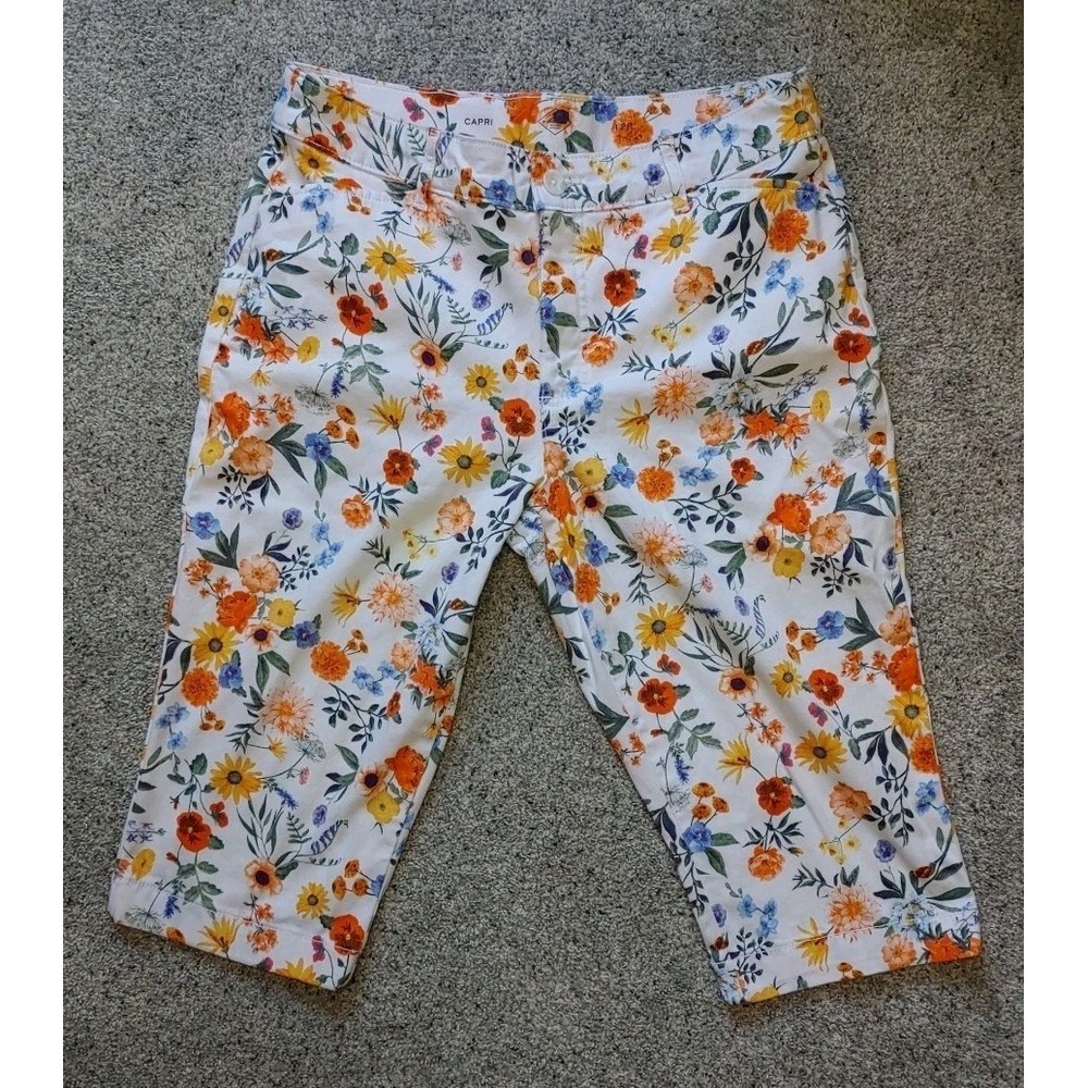 Womens St Johns Bay Capri 12P White Floral Mid Rise Easy Fit Orange Blue Preppy